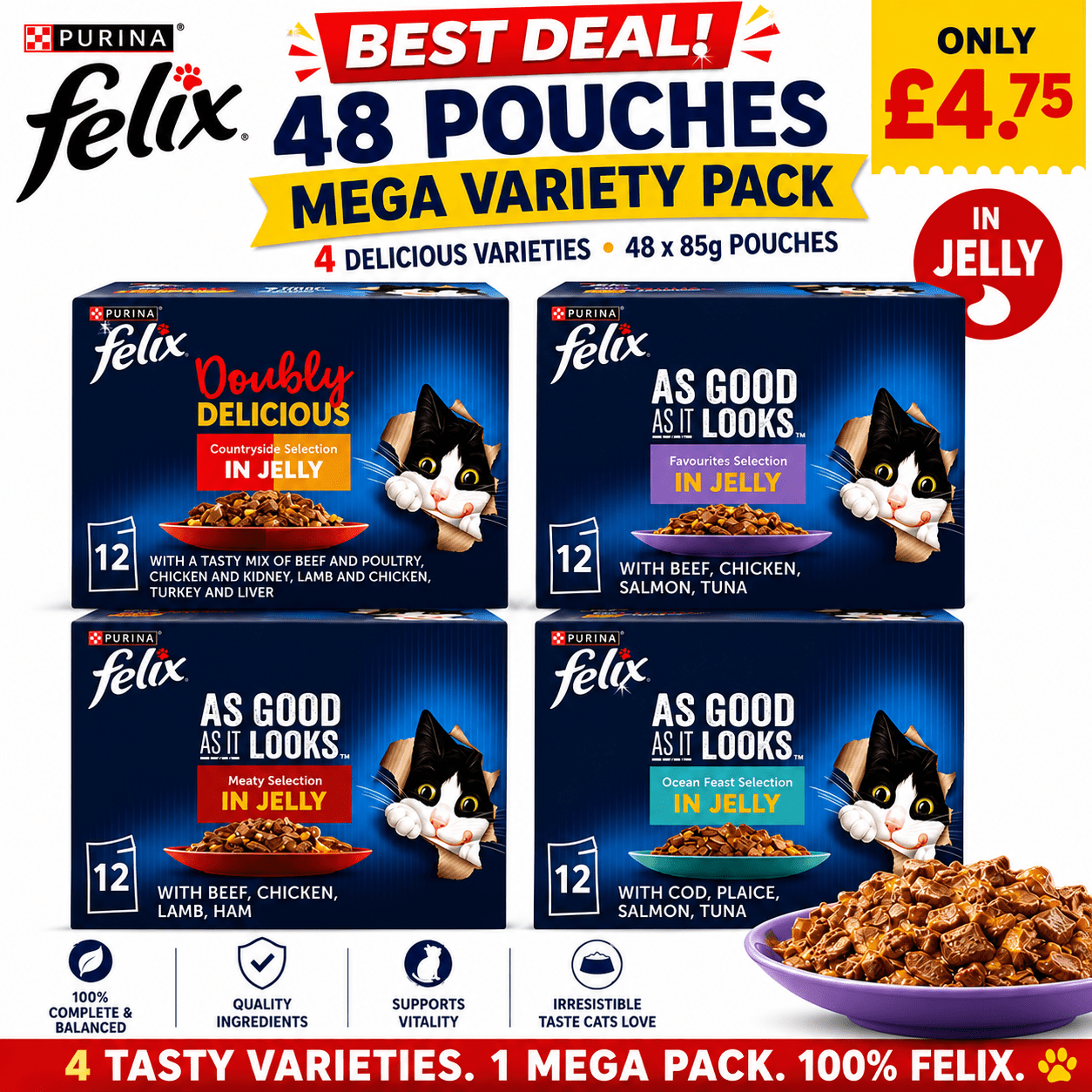 TEMU Felix As Good As It Looks Wet Cat Food In Jelly Pack 4 X 12 Pouches Of 85g (total 48 X 85g)