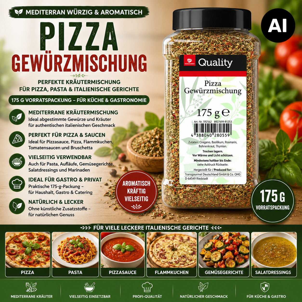 Image of Tgq Pizza Spice Mix 175 G Can - Aromatic Herb Blend For Pizza, Pasta & Tomato Sauce