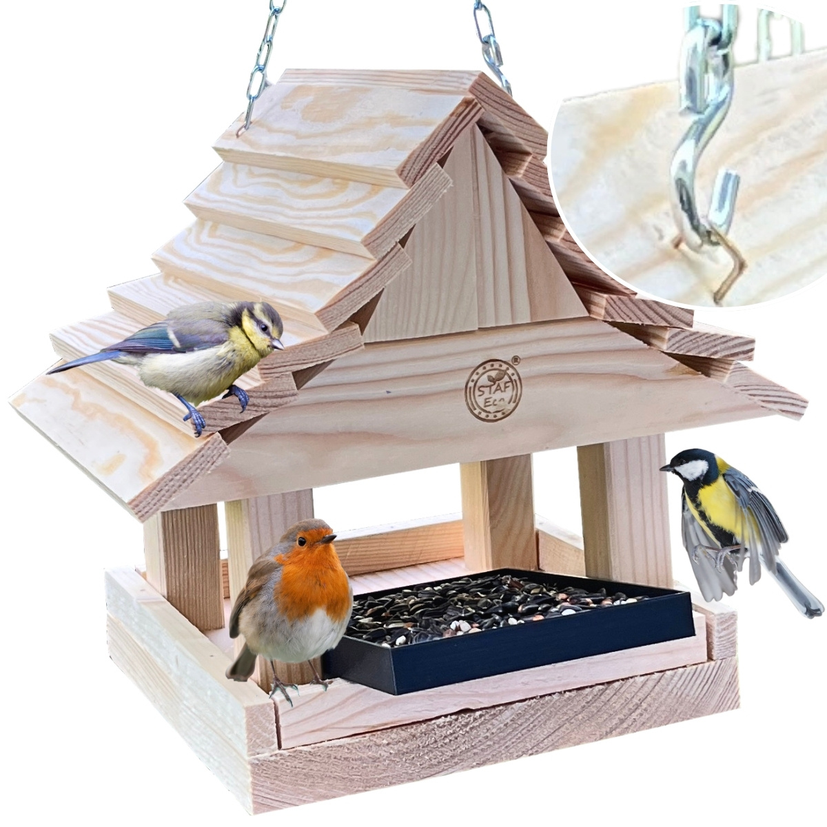 Image of Wooden Bird Feeder With Chain, Wild Bird Feeder With Practical Feed Drawer