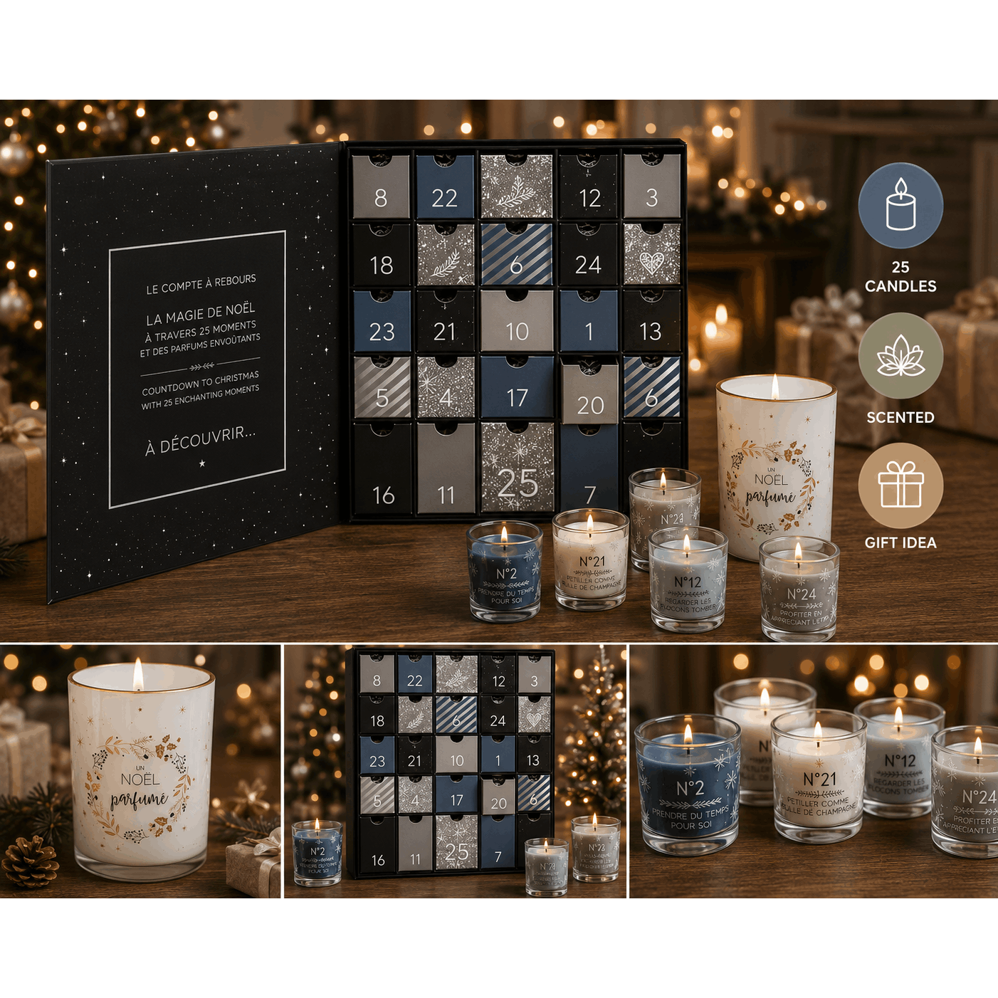 TEMU Calendrier de l’Avent 25 Bougies Parfumées en Verre – de Noël 24 Petites Bougies + Bougie – Parfums – Noir