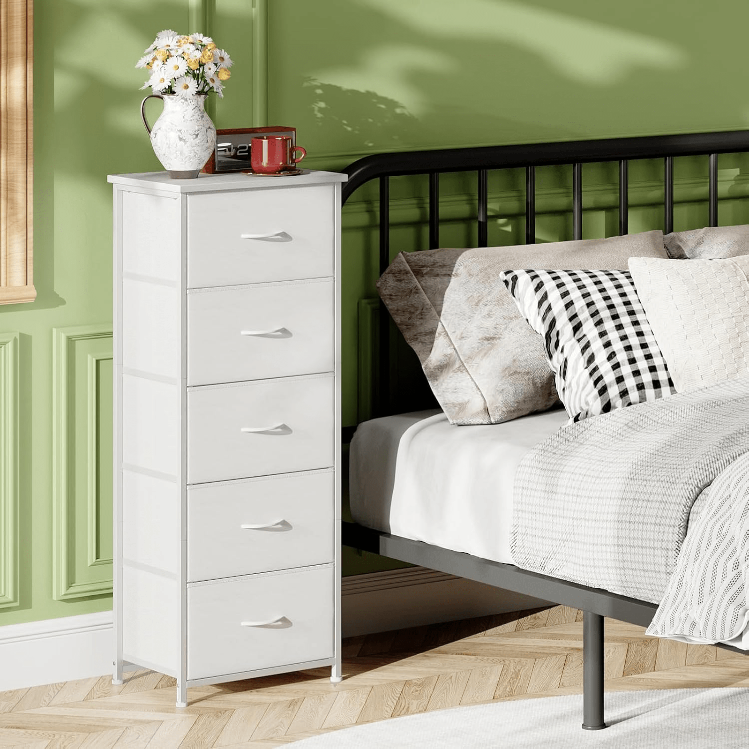 Image of 5 Drawer Chest Of Drawers Bedroom White Fabric Drawers Fabric Storage Cabinet Chest Of Drawers Living Room Metal Frame Wood Composite Board 30d X 42w X 114.5h