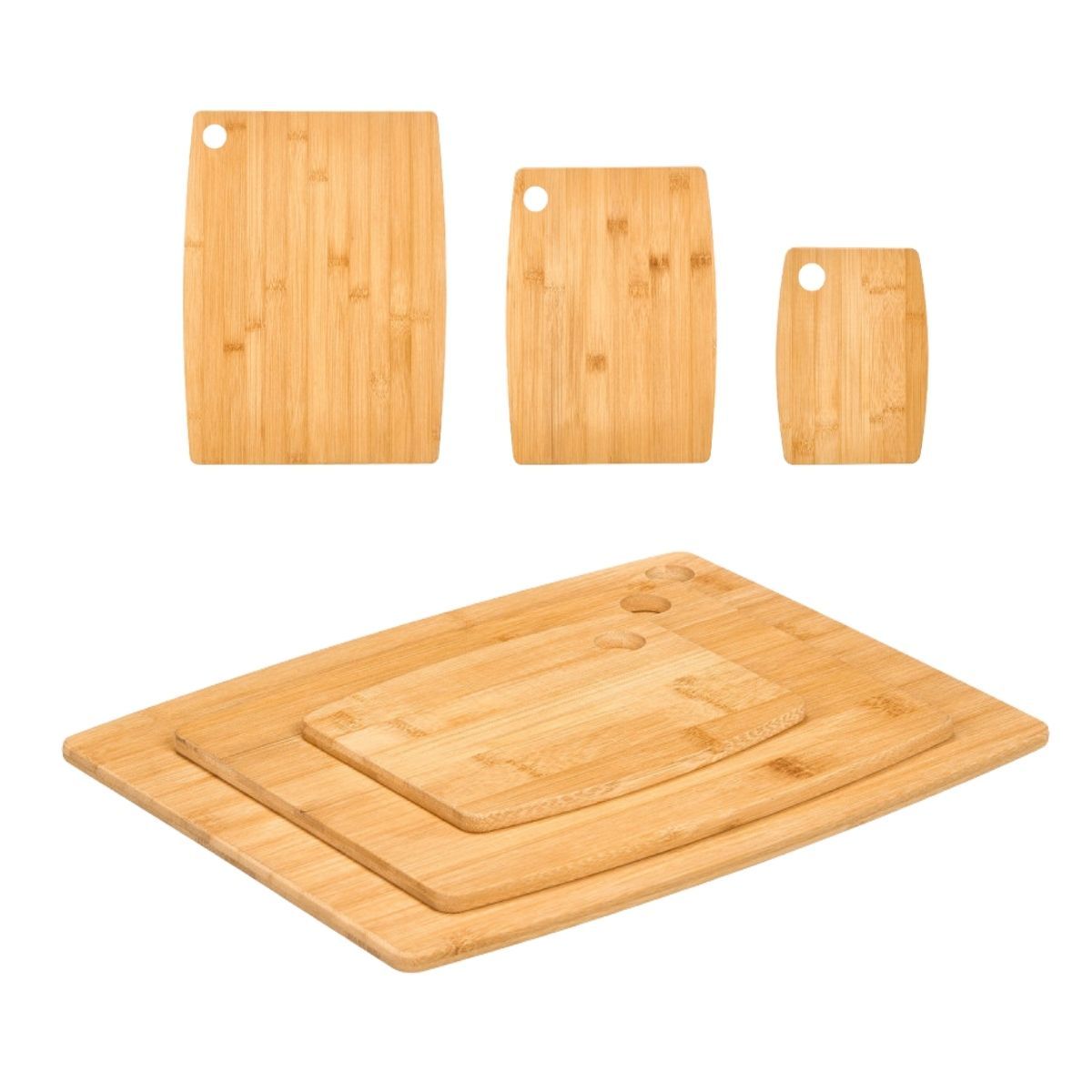 TEMU Set de 3 Tablas de Cortar de Bambú Natural para Cocina, 3 Tamaños con Bordes Redondeados y Orificio para Colgar, Tablas para Carne, Verduras,