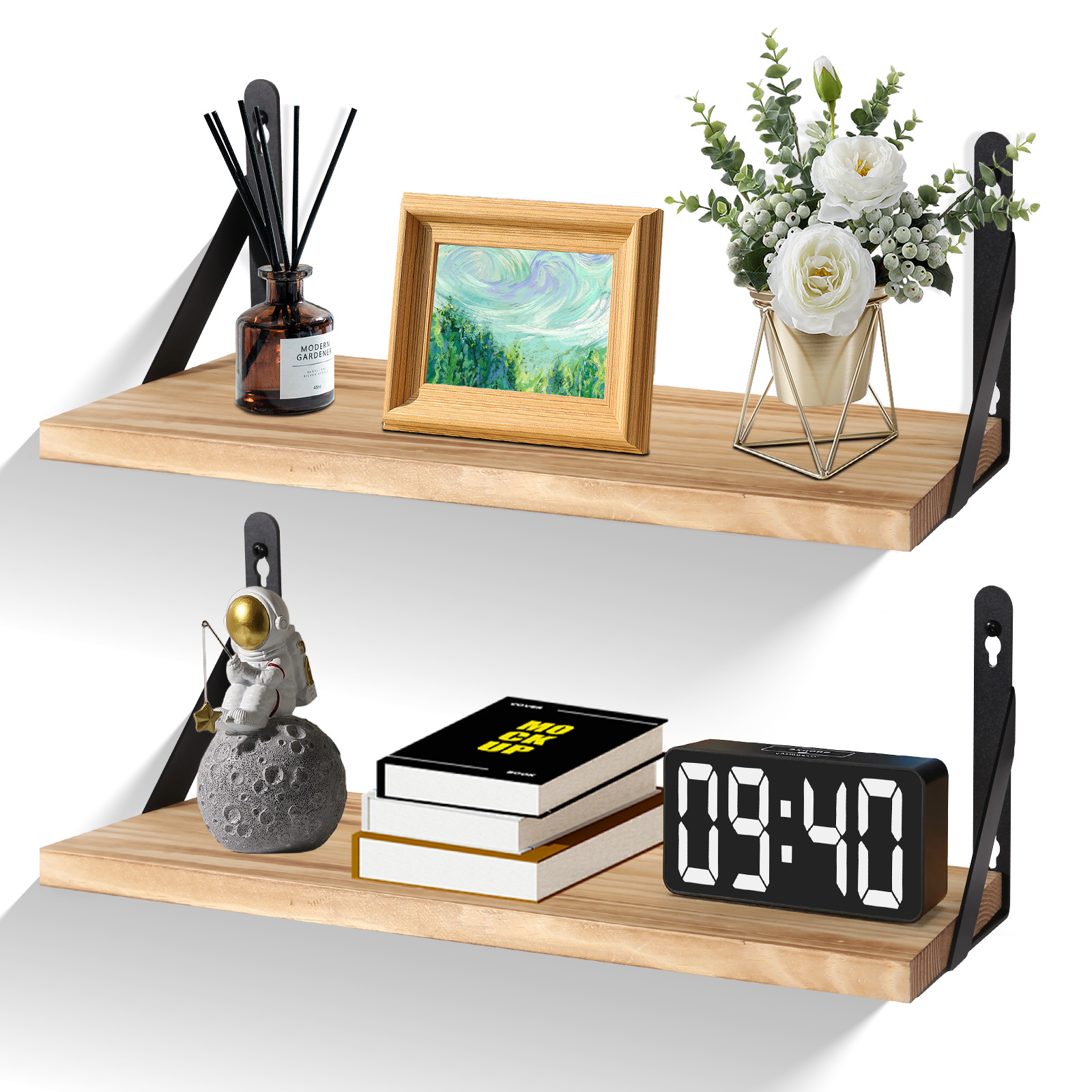 Image of Uten Rustic Wood Floating Shelf, Kitchen Wall Shelves, 42cm, Set Of 2