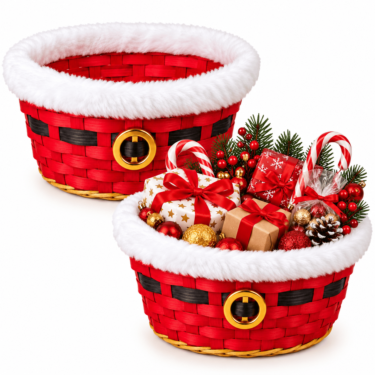 TEMU Duchessway Set Of 2 Santa Style Bamboo Gift Baskets, Red Woven Christmas Hamper Baskets With White Faux Fur Trim & Gold , Festive Gift Baskets