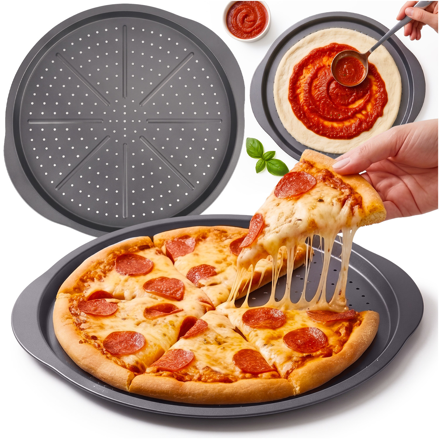 Image of Pizza Baking Pan 35 Cm – Large Tray, Perforated Baking Sheet, Round, Coating, Baking, Perfect For Homemade Pizza, Tarts, And Pies, With Handles