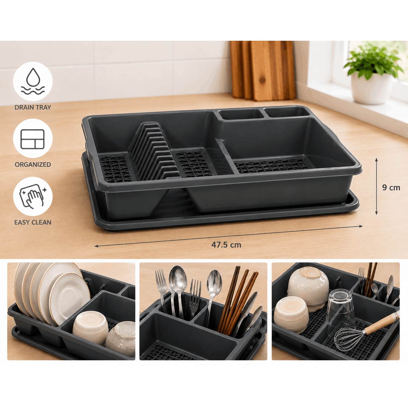 TEMU Dish Drainer With Recovery Tray â Plate Holder And Cutlery Holder â Kitchen Drainer 47.5 Ã 38 Ã 9 Cm