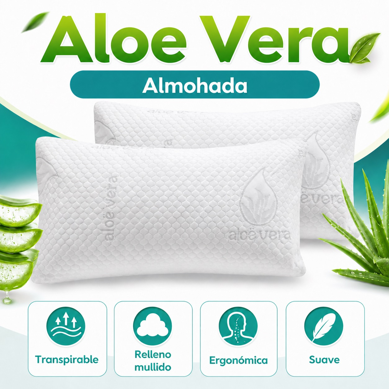 TEMU Almohada de Copos con Aloe Vera, Espuma de Poliuretano y Transpirable, Diseño Ergonómico, Firmeza Media- para un Descanso