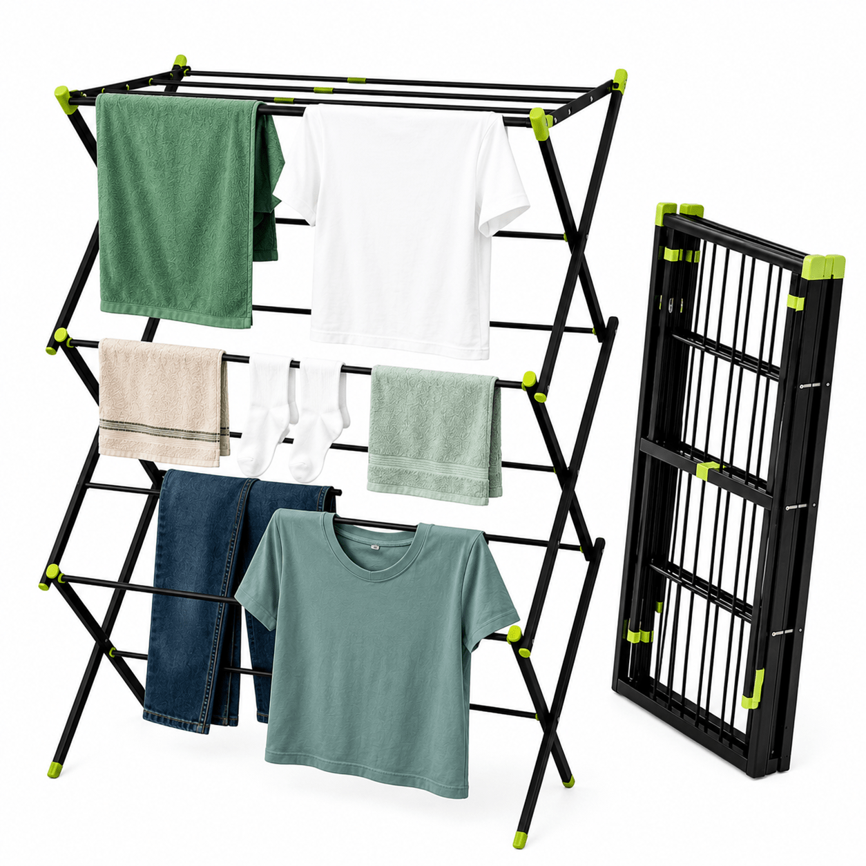 TEMU Vertical Folding Standing Clothes Drying Rack, 10m Steel Balcony Laundry Dryer. Tower-style Clothing Rack In Black-green. Compact Indoor And