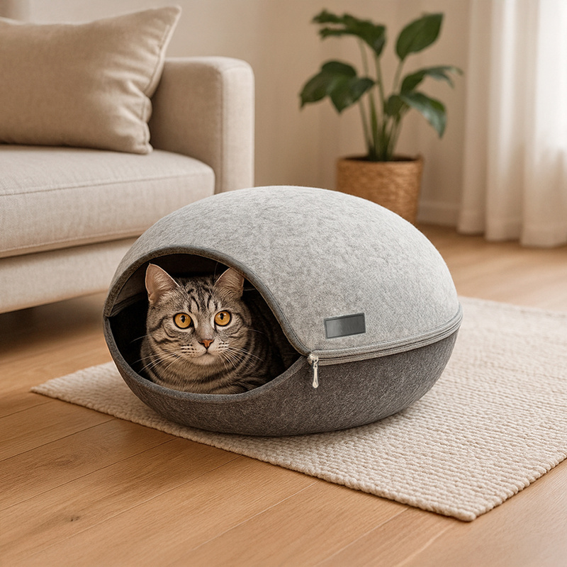 Belviona Felt Cat Cave With Zipper, Oval Opening, Soft Washable , Sturdy Hideaway For Cats Of All Ages, Easy To Clean