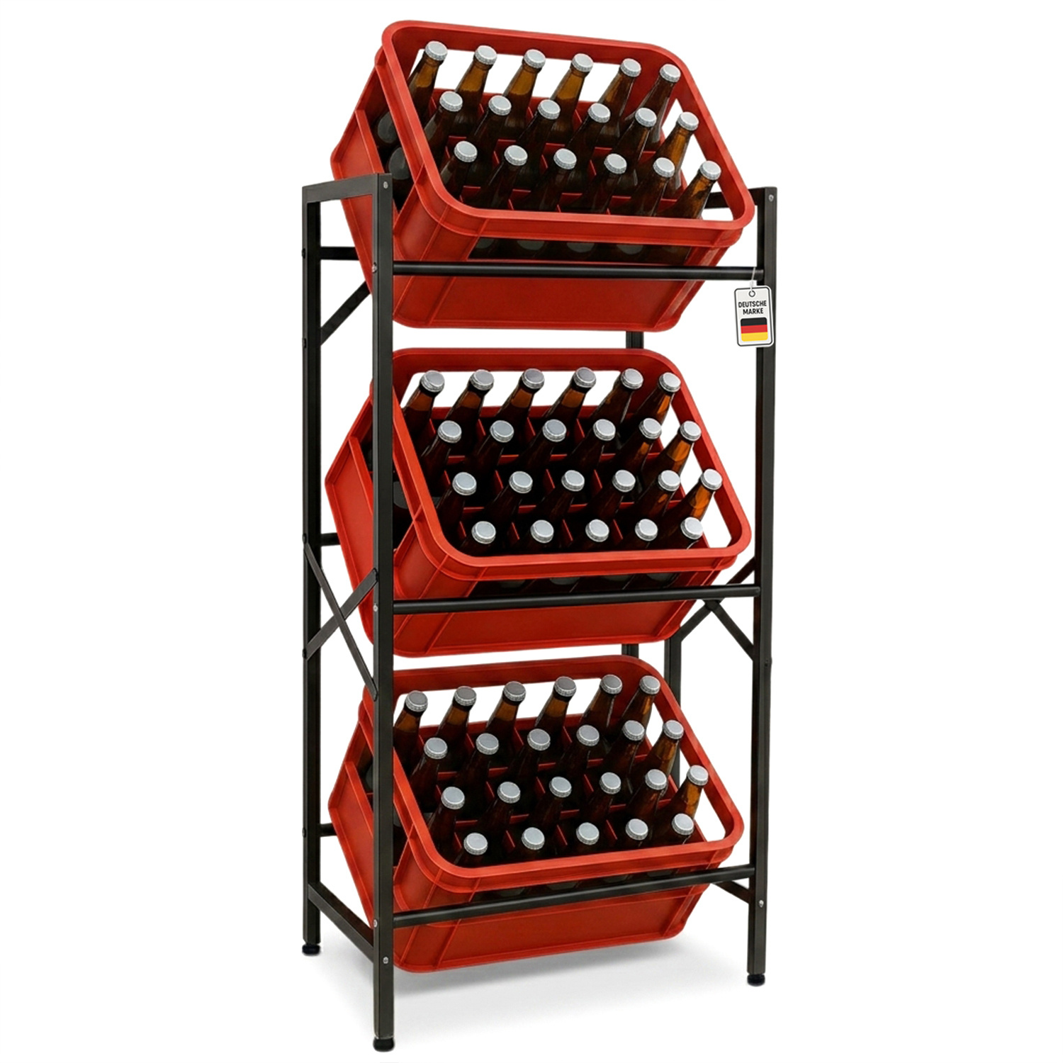 Roxlin Beverage Crate Shelf For 3 Crates - Heavy-duty Metal Shelf Up To 600 Kg - Beer & Water Crate Shelf With Storage - Stackable For Kitchen Basement Storage Room Garage - Bottle & Crate Organizer
