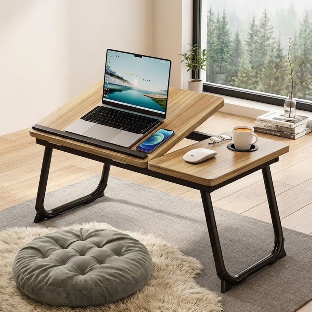 TEMU Mesa Plegable para Cama y Sofá, Mesa Auxiliar Multifunción Ajustable en 5 Niveles, Bandeja Inclinable con Portavasos para Ordenador, Libros,