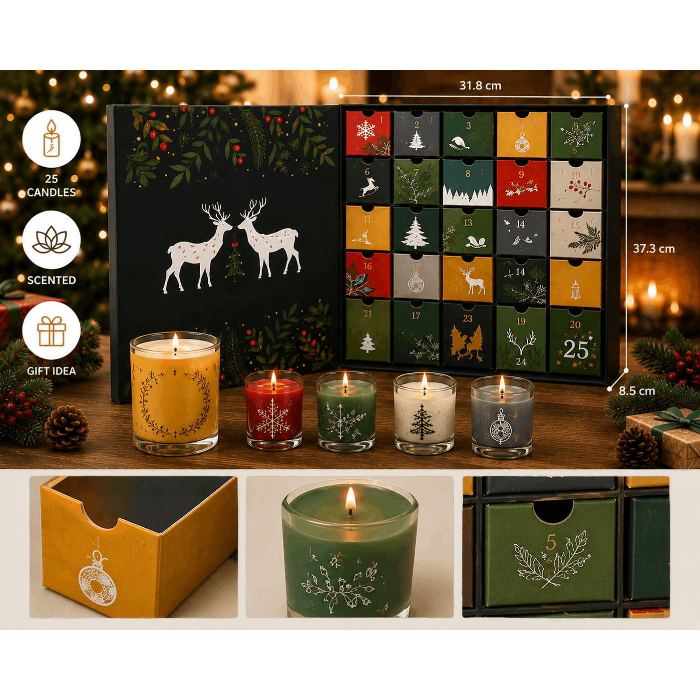 Image of Advent Calendar 25 Scented Glass Candles - Multicolored Christmas Box - 24 Small Candles + 1 Large Candle - Christmas Gift Idea