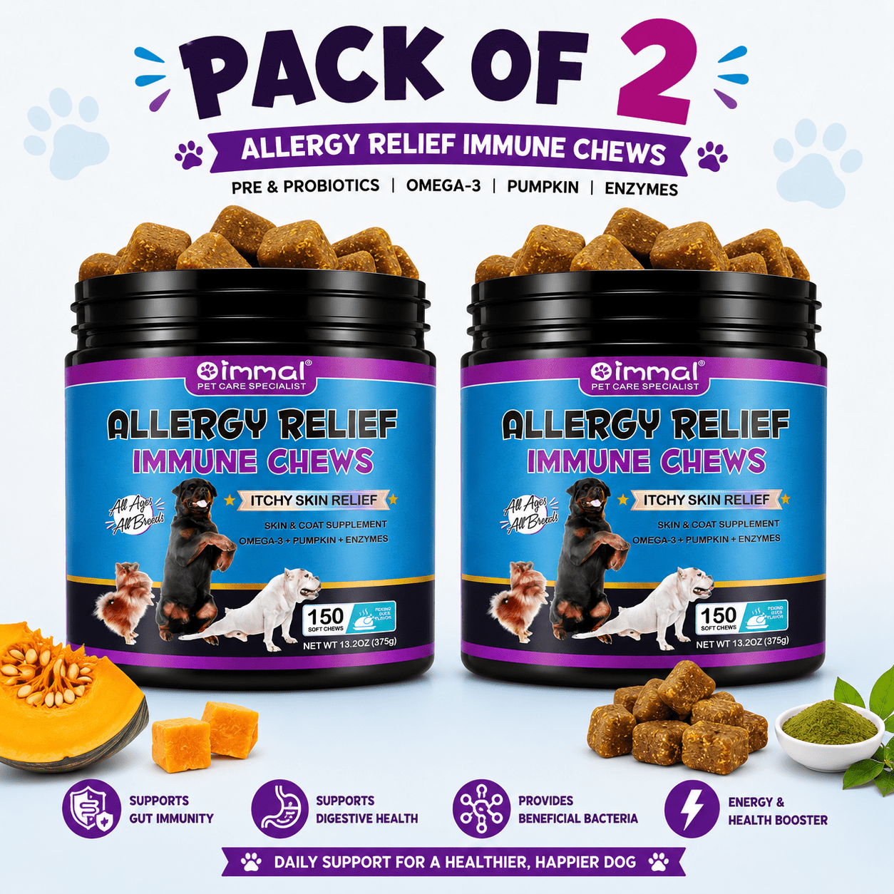 TEMU Dog Allergy Relief Chews 2 Pack — Itchy Skin & Support With -3 Fish Oil Turmeric & Pumpkin — Skin & Coat Supplement — Soothes Paw Licking Hot