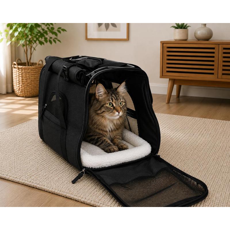 Belviona Foldable Cat Carrier, 48.5x27x31.5 Cm, Oxford Fabric, Mesh Design, With Shoulder Strap, Carrying Handles, Cushion, Airline Approved, Up To 10 Kg