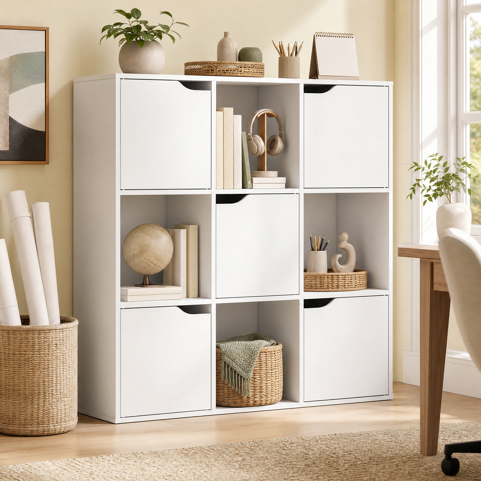 Image of Cube Shelving Unit, 9-compartment & 5-door Bookcase, Wooden Freestanding Shelf, Storage Unit With Anti-tip Protection & Door Stoppers, 90 X 29 X 90 Cm, White