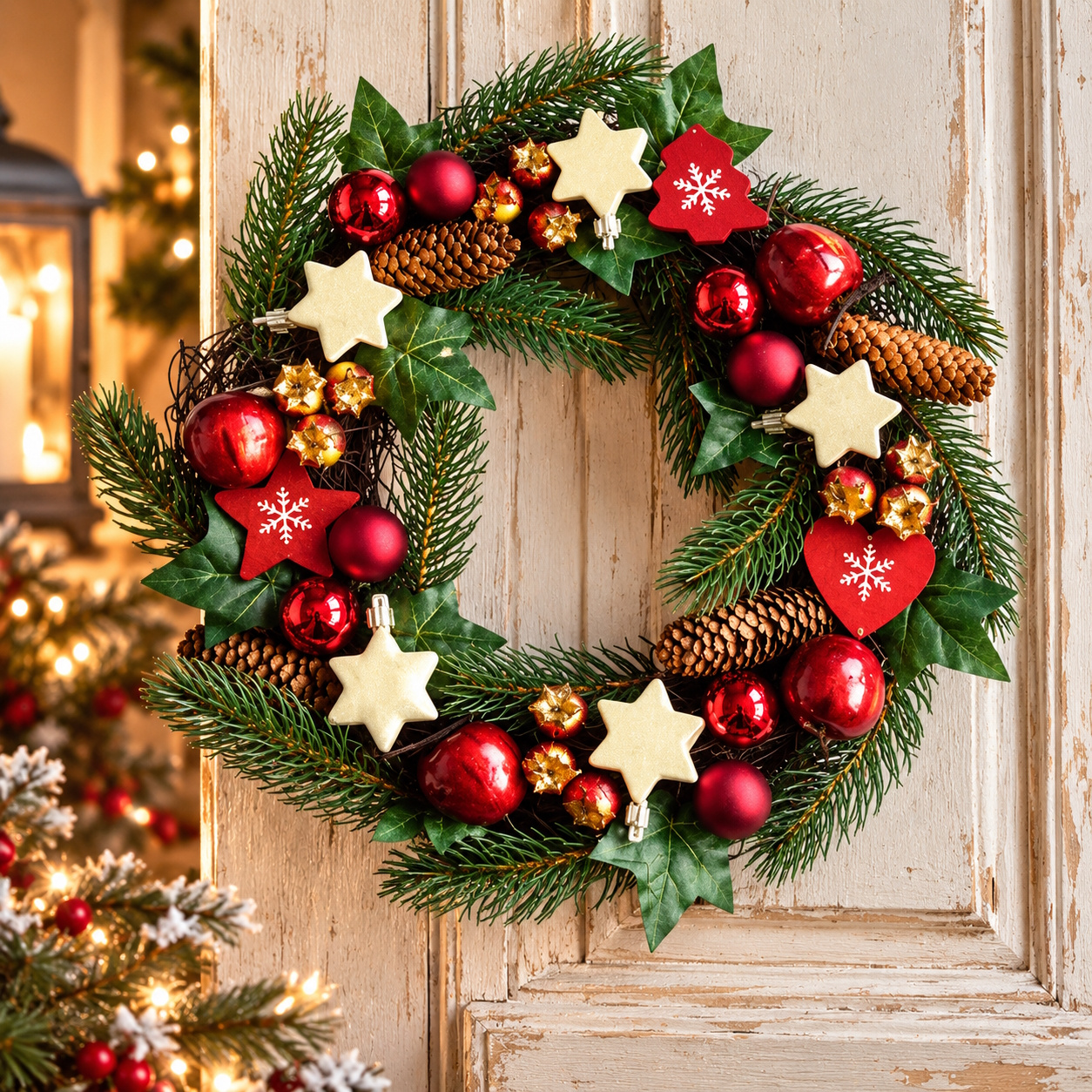 Image of Pine Wreath With Pine Cones And Stars