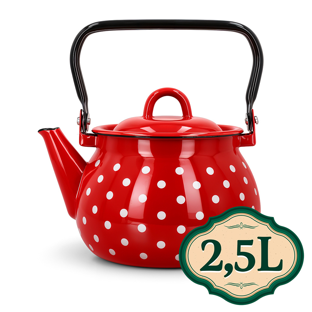 TEMU Teekanne - 2,5 L Rote Emaille Teekanne mit weißen Punkten, Große Edelstahltöpfen, Emaille Kochgeschirr zum Kochen von Wasser, Tee und Kaffee,