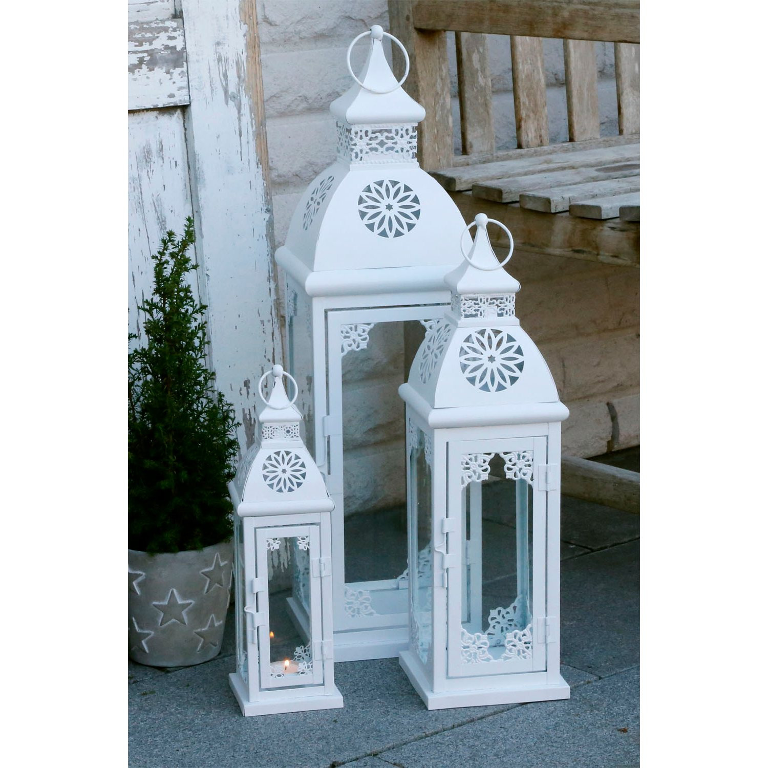 Image of White Metal Candle Lantern With Ornamental Decorations (3 Sizes)
