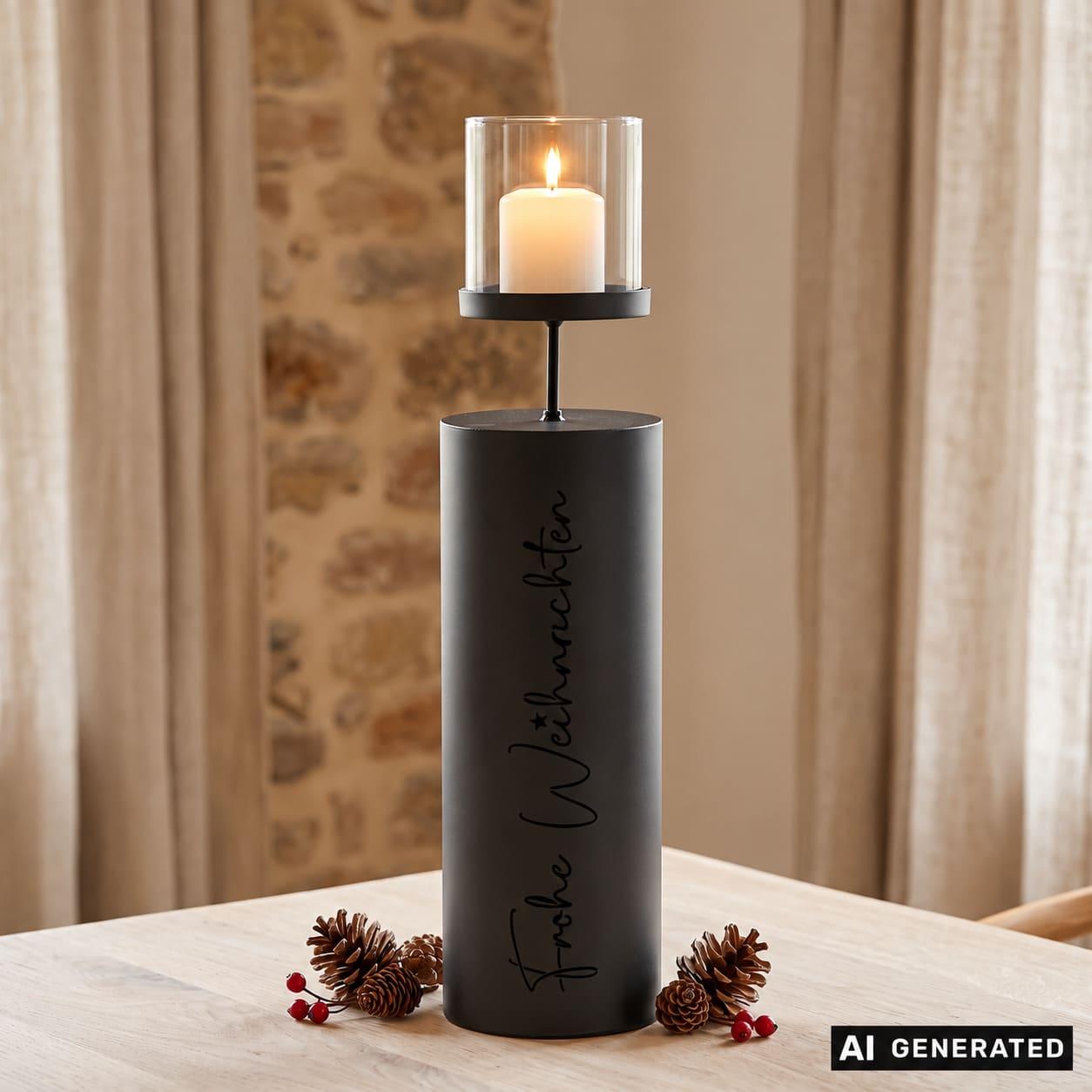 Image of Metal 'merry Christmas' Lantern Column, Black, 60 Cm Tall, Decorative Column With Candle Glass, Floor Lantern, Candle Column