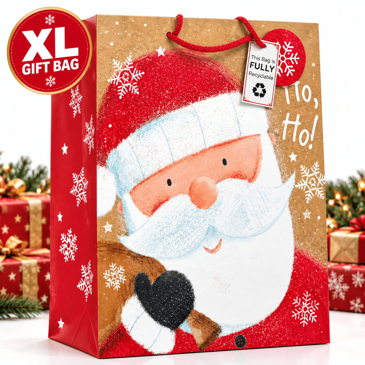 TEMU Extra Large Santa Christmas Gift Bag With Rope Handles & Gift Tag – Whimsical Father Christmas Design – Recyclable Festive Present Bag