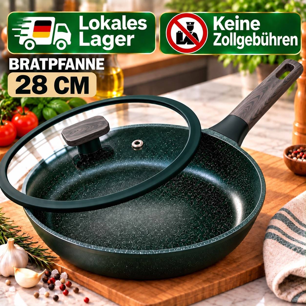Image of Frying Pan 28 Cm With Glass Lid - Pan With Granite Coating, Induction Pan For All Stove Types - Universal Pan For Frying Meat, Fish, Eggs & Vegetables