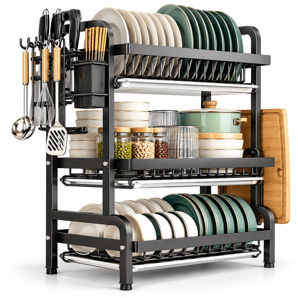 TEMU 3 Tier Large Capacity Dish Drying Rack With Drain Trays Steel Kitchen Drainer Organiser With Plate Bowl & Cup Storage Cutlery Holder Utensil