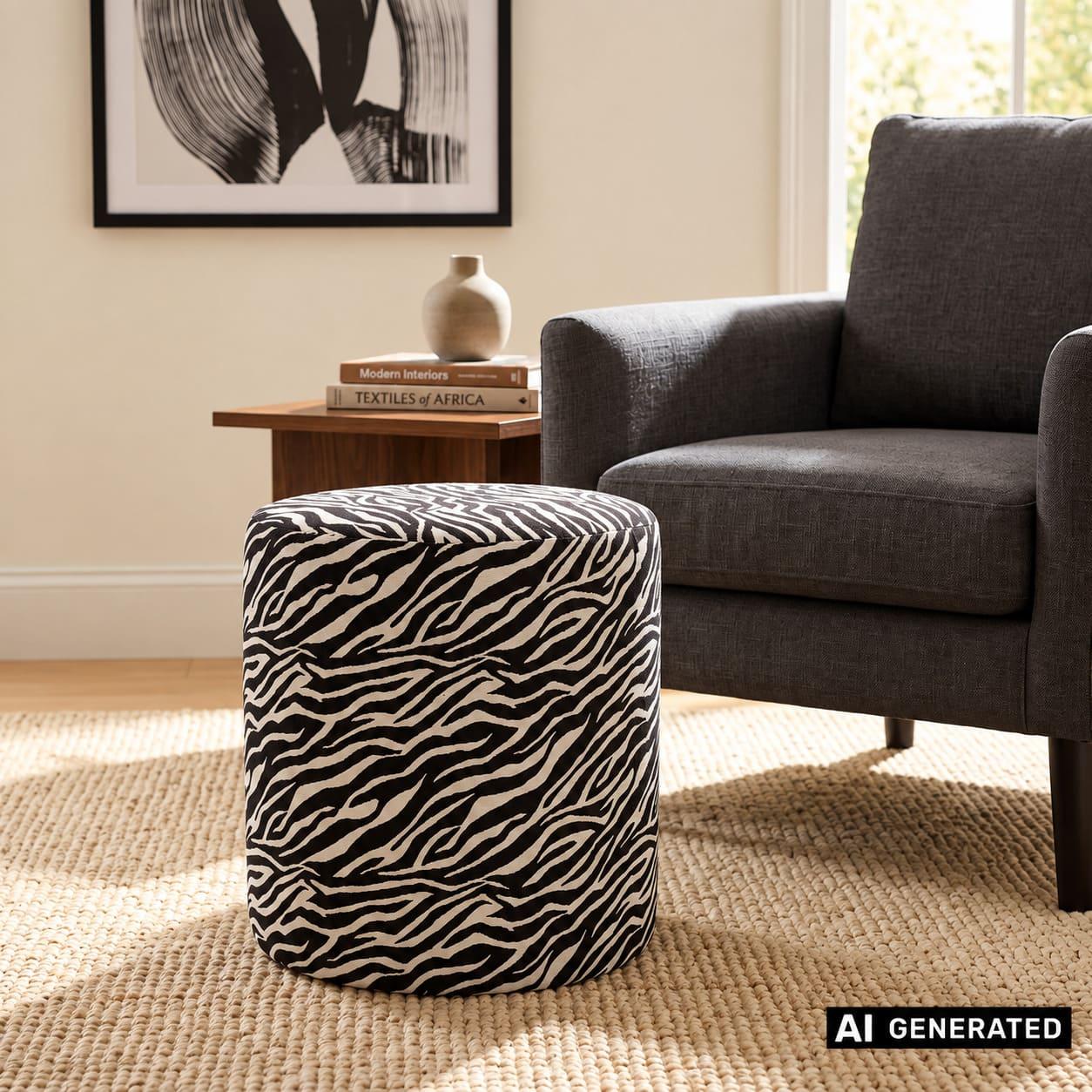 Image of Zebra" Round Stool, Ø 35 X 40 Cm, Upholstered Stool, Footstool, Makeup Stool