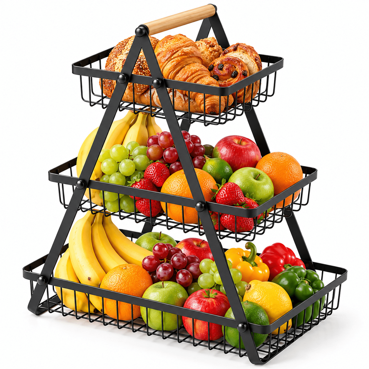 TEMU 3 Tier Metal Fruit Basket Stand With Wooden Carry Handle – Large Capacity Countertop Storage Organiser For Fruit Vegetables &