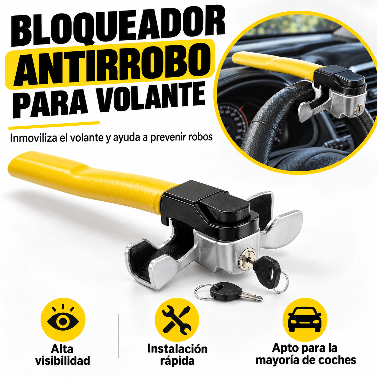 TEMU Candado Antirrobo para Volante de Resistencia, Dispositivo de T con Antirrobo y Inmovilizador, Candado de Seguridad para Camiones y SUV