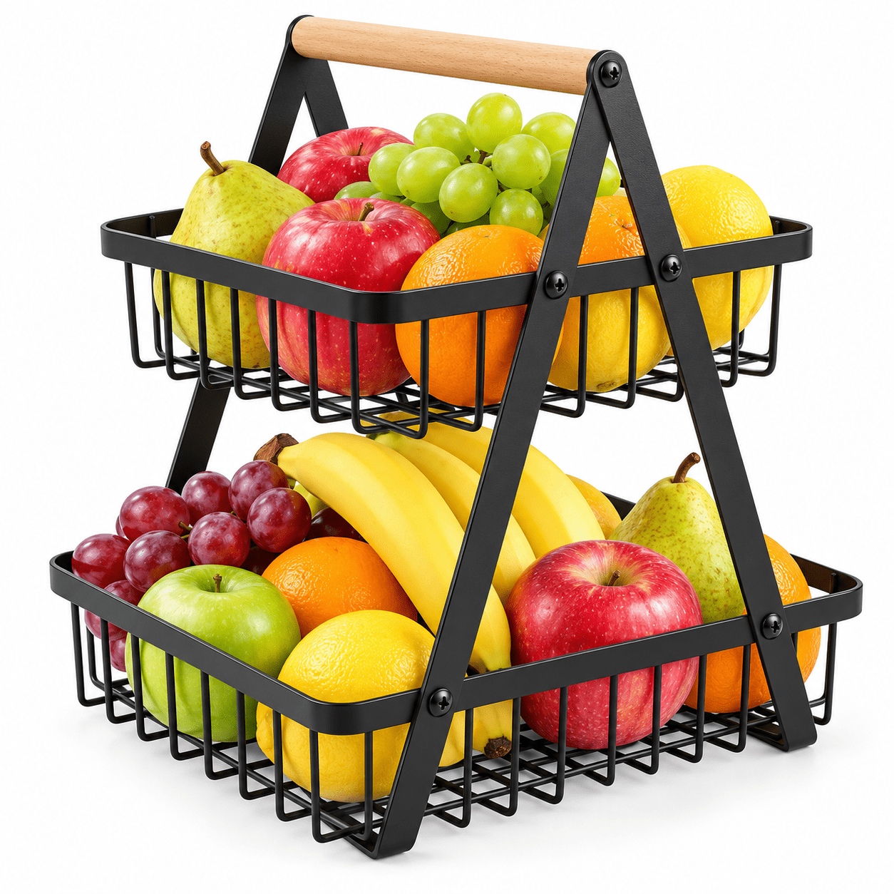 TEMU 2 Tier Fruit & Vegetable Basket With Wooden Handle – Metal Kitchen Countertop Storage Rack Large Capacity Produce Organiser For Fruit Veg Snacks