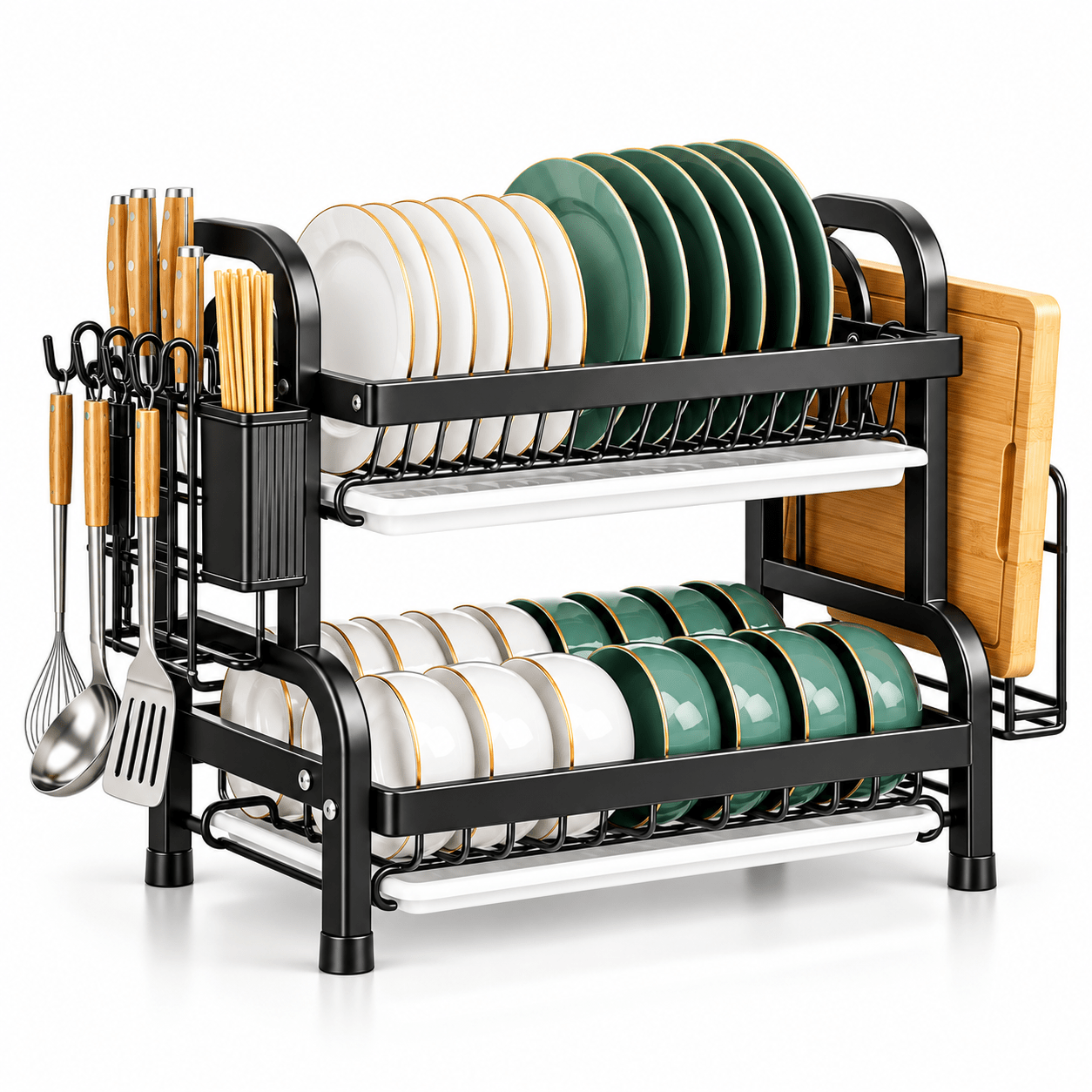 TEMU 2 Tier Dish Drying Rack With Drain Trays Large Capacity Kitchen Dish Drainer With Cutlery Holder Utensil Hooks & Chopping Board Rack