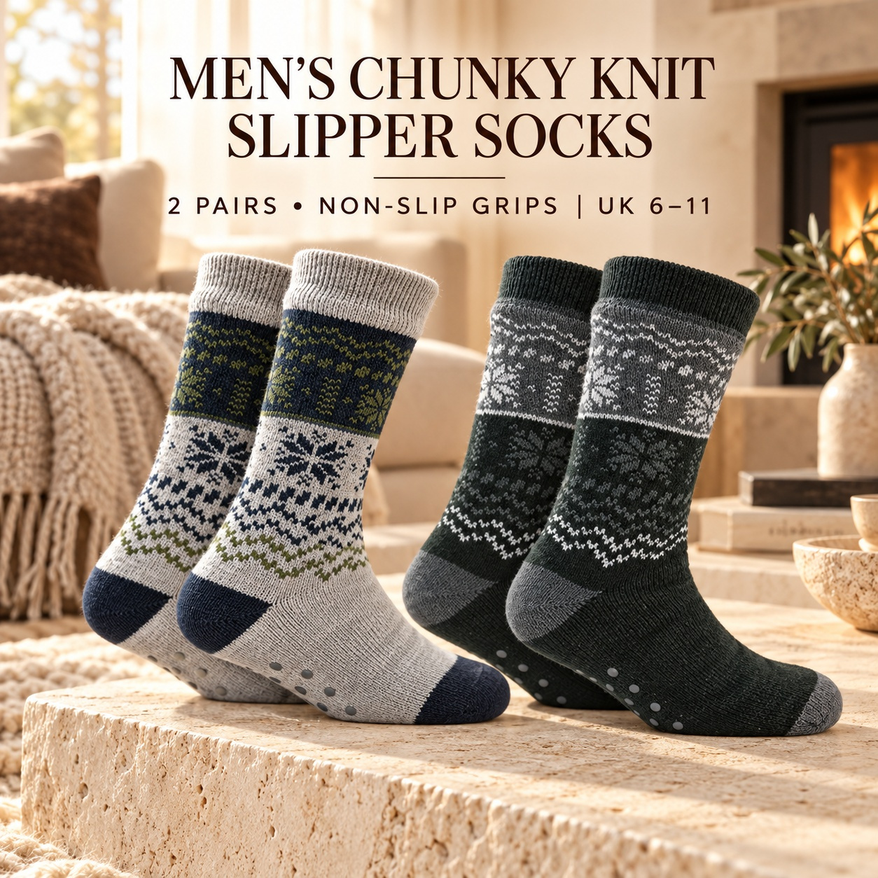 TEMU Men's Chunky Knit Slipper Socks With Non-slip Grips, Warm Cosy Indoor House Socks, Uk 6–11