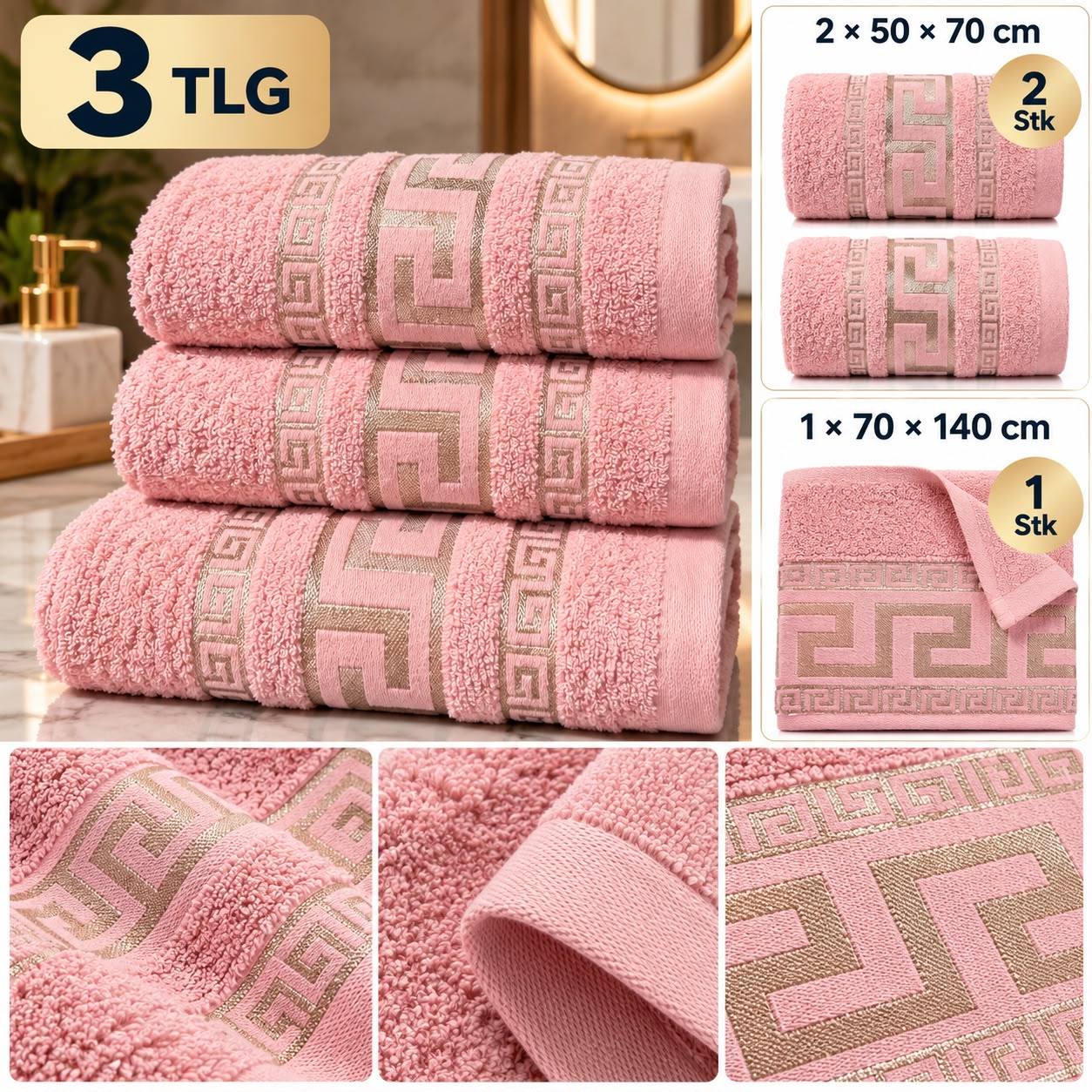 Image of 3pcs Towel Set Made Of 100% - 1 Bath Towel 70 × 140 Cm & 2 Hand Towels 50 × 70 Cm - Soft, Absorbent Terrycloth With Meander Border - Bath Towel Set For Bath & Shower, Washable Up To 60 °c