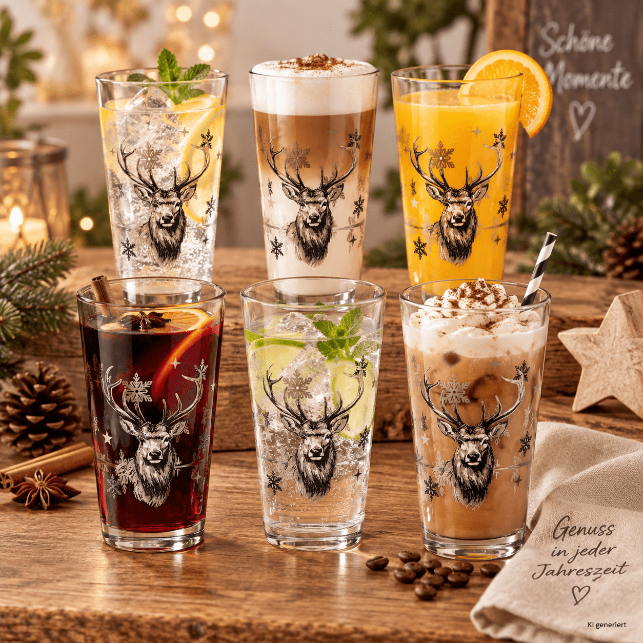 Image of 6-piece Set Glasses Winter 300 Ml Deer Decor, Stackable Coffee Glasses For Iced Coffee, , Chai Latte, Cappuccino, Christmas, Winter, Drinking Glass