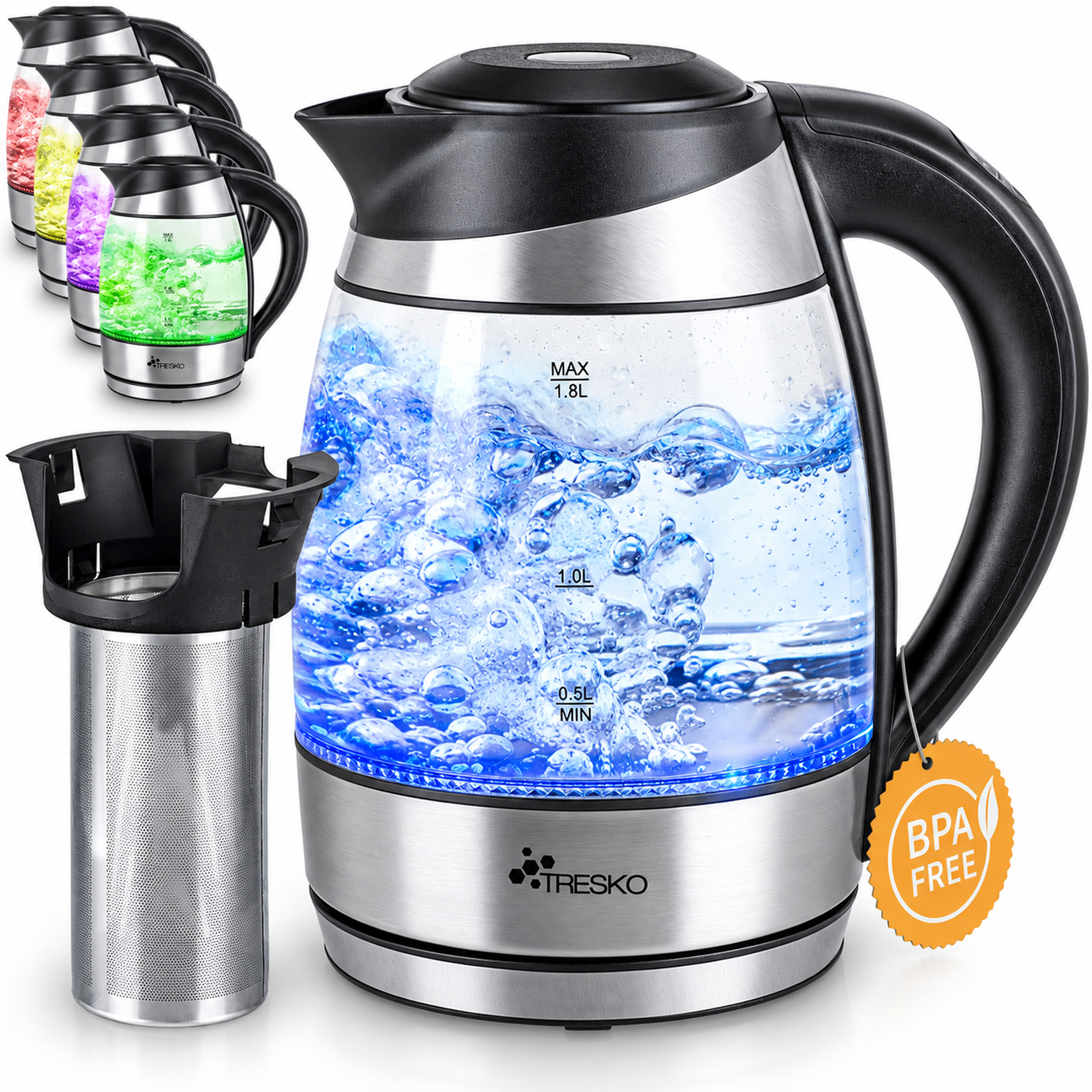 TEMU Tresko® Glass Water Kettle With Temperature Control | 1.8l Stainless Steel 2200w | Tea Kettle With Tea Strainer And Limescale Filter | Touch
