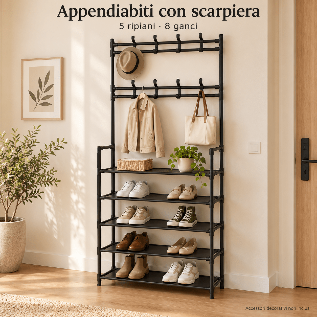 Image of Floor Coat Rack With 5-tier Shoe Rack And 8 Hooks, Space-saving Organizer For Entryway, Black