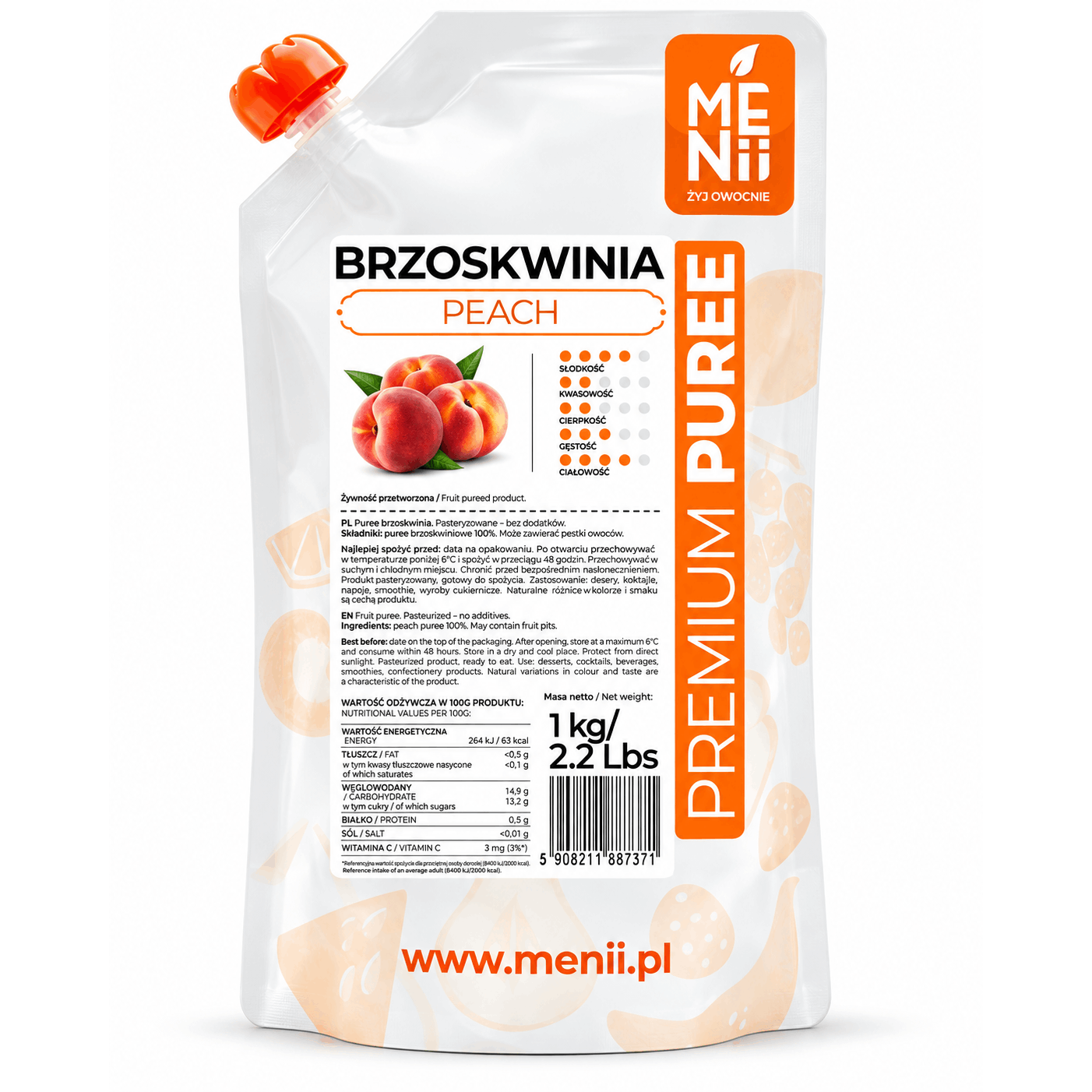 Image of Menii Premium Peach Puree 1 Kg - Fruit Puree With 90% Peach + 10% Sugar, Ready To Use For Desserts, Cakes, Tortes, Ice Cream, Sorbet, Smoothies, S, Sauces, Creams, Fillings & Patisserie
