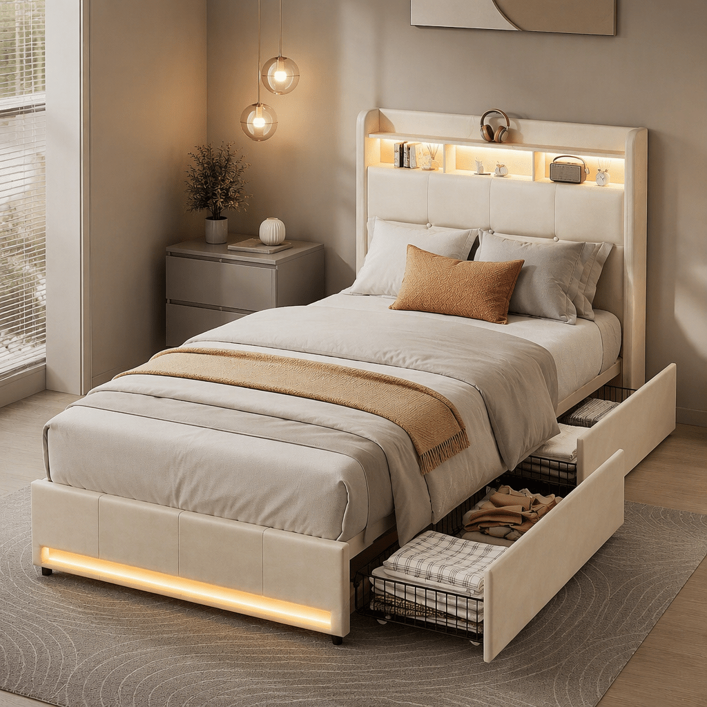 Image of Single Bed With Drawers And Led Light, Dimensions 90x200