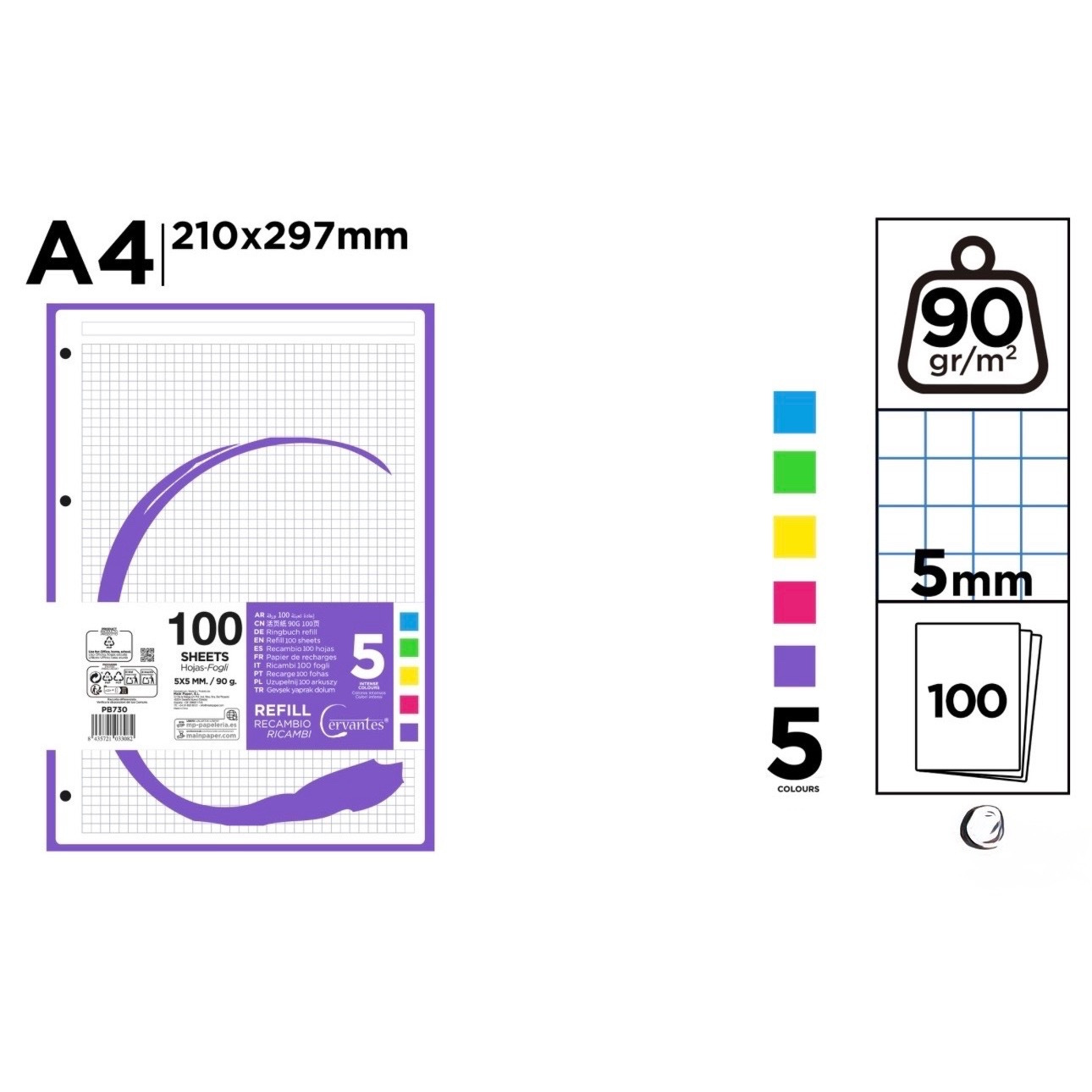 TEMU Recambio Hojas Papel Cuadriculado A4 210 x 297 mm, 100 Hojas, Variedad colores Cuadrícula de 4 mm, Multicolor, Escritura, , Estudio, Oficina y