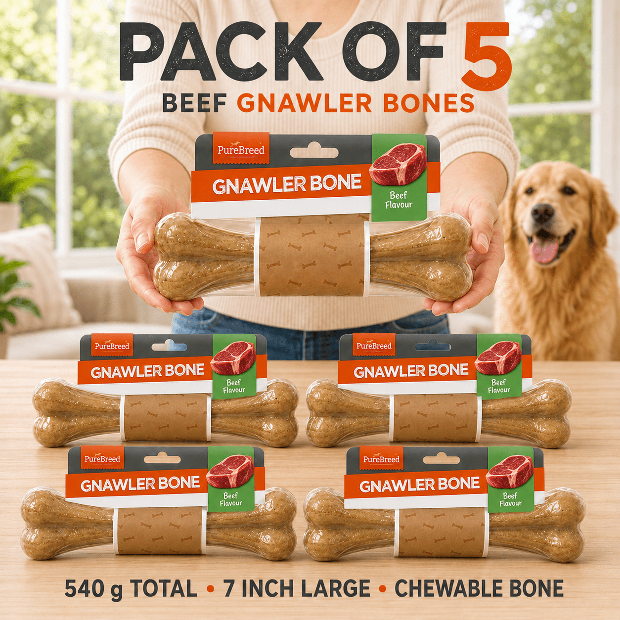 TEMU 5-packs 7 Inch Beef -flavoured Dog Gnawler Bones, Long-lasting Chew Sticks For Medium & Large Dogs, Tasty Training Reward Treats