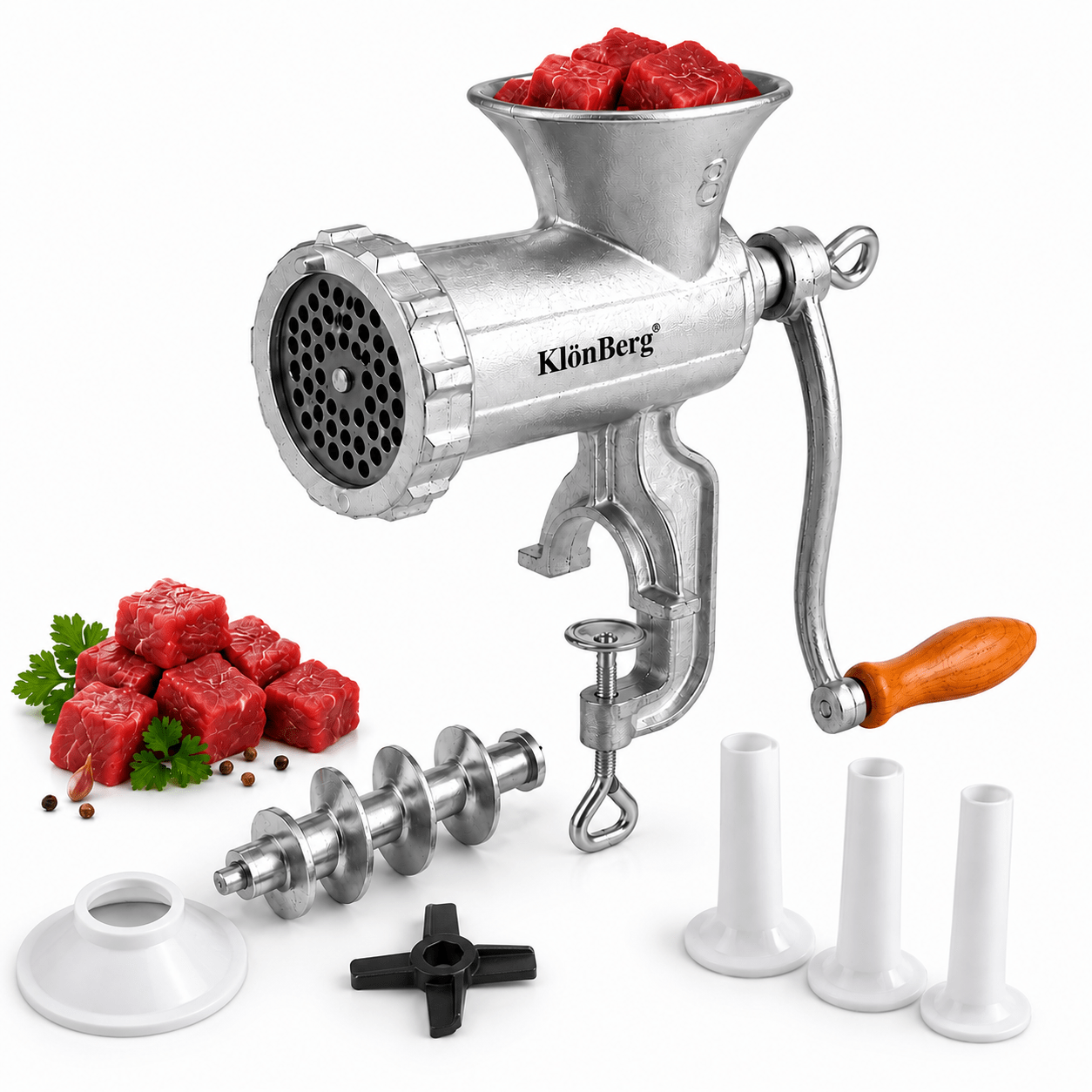 Image of Manual Meat Grinder, All Parts Stainless Steel, Hand Operated Meat Grinding Machine With Tabletop Clamp, 2 Grinding Plates & Sausage Stuffer, Kb8102