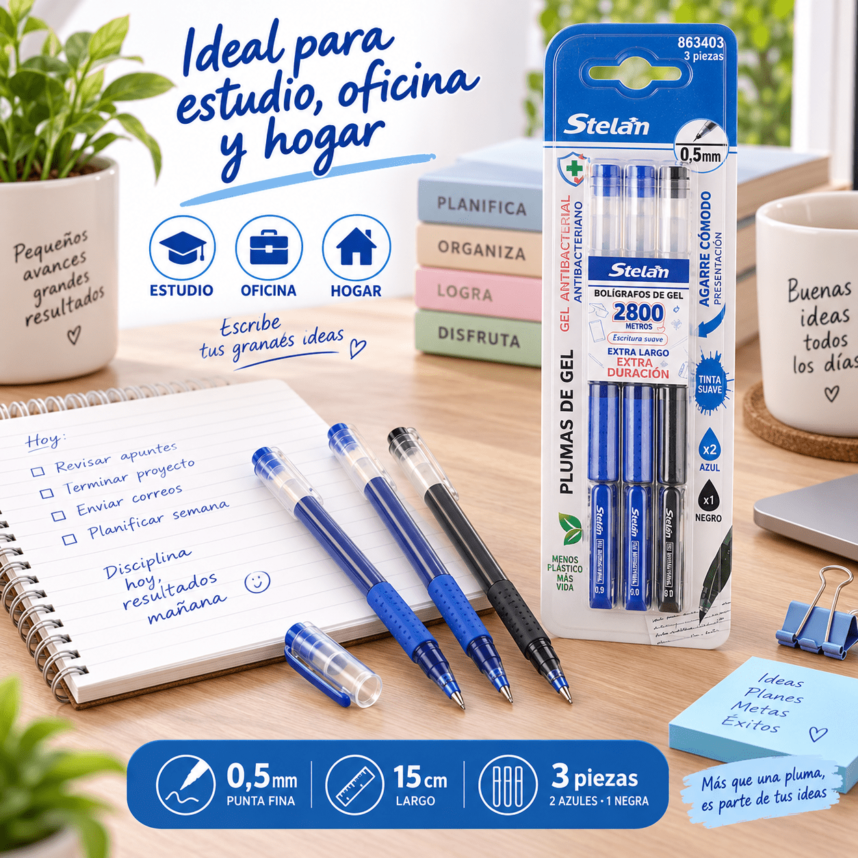 TEMU Set de 3 Bolígrafos de Gel de 0,5 mm, 2 Azules + 1 Negro, Escritura y , Punta y Agarre para , Oficina y Uso Diario