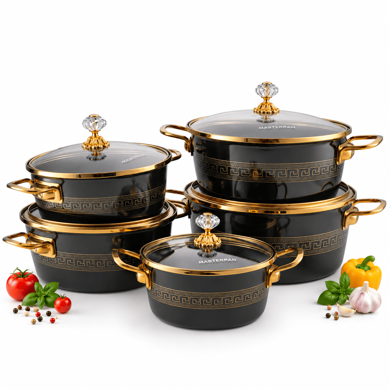 Image of Masterpan | 5-piece Pot Set With Lids 20 / 22 / 24 / 26 / 28 Cm Enameled Pots | Carbon Steel | Induction | Pot With Lid | High Quality, Suitable For All Stovetypes Mp2670
