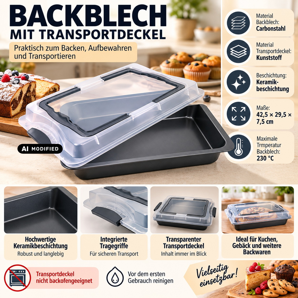 Image of Deski Cake Pan With Lid 42.5 X X 7.5 Cm Baking Tray, Cake Baking Mold With Transport Lid, Cookie Sheet, Cake Baking Pan, Casserole Dish, Oven Pan With Carrying Cover