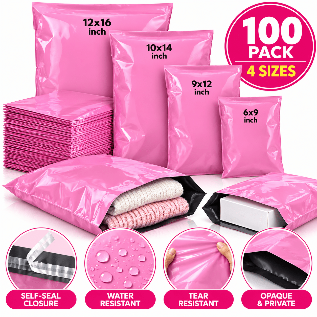 TEMU 100 Pack Pink Mailing Bags, 4 Mixed Sizes, Opaque Self Seal Poly Postage Bags, Waterproof Shipping Mailers For Clothing &