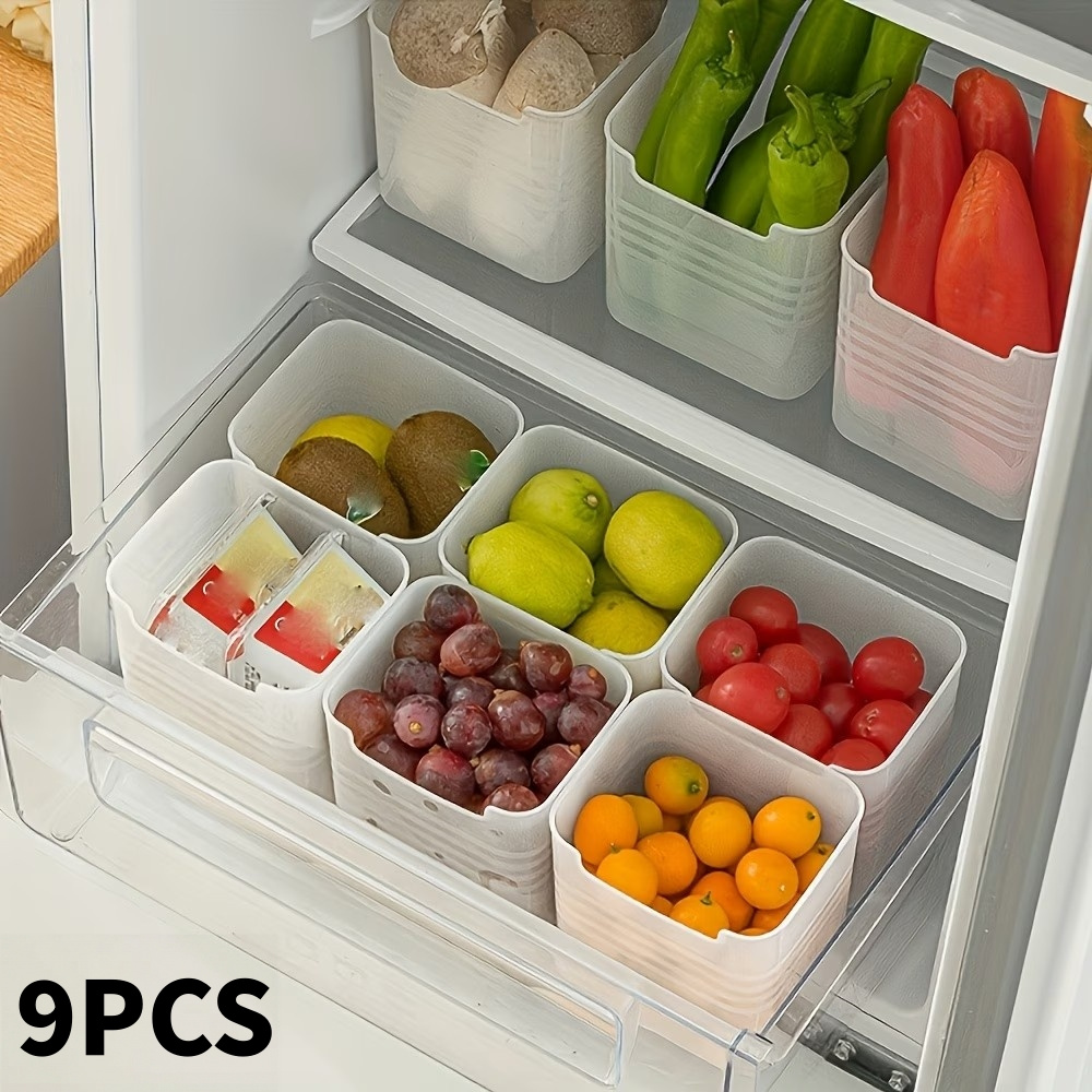 TEMU 9pcs (8 X Storage Boxes + 1 X Free Sponge), Storage Boxes, Refrigerator Fruit And Vegetable Baskets, Snack Storage Boxes, Kitchen Storage Boxes,