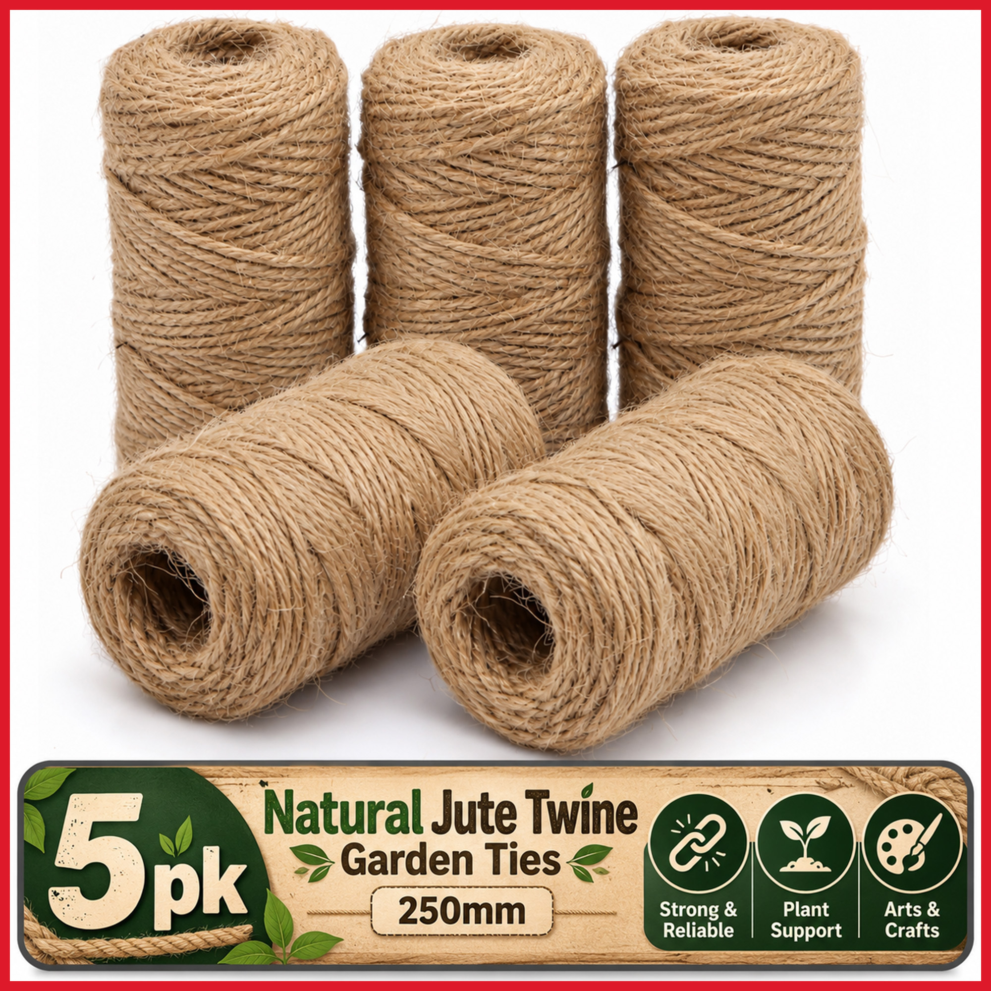 TEMU 5 Pack Garden Ties, 250mm Natural Jute String | Plant Ties For Tomato Plants, Canes & Climbing Plants | Christmas Twine For Wreaths, Ornaments,