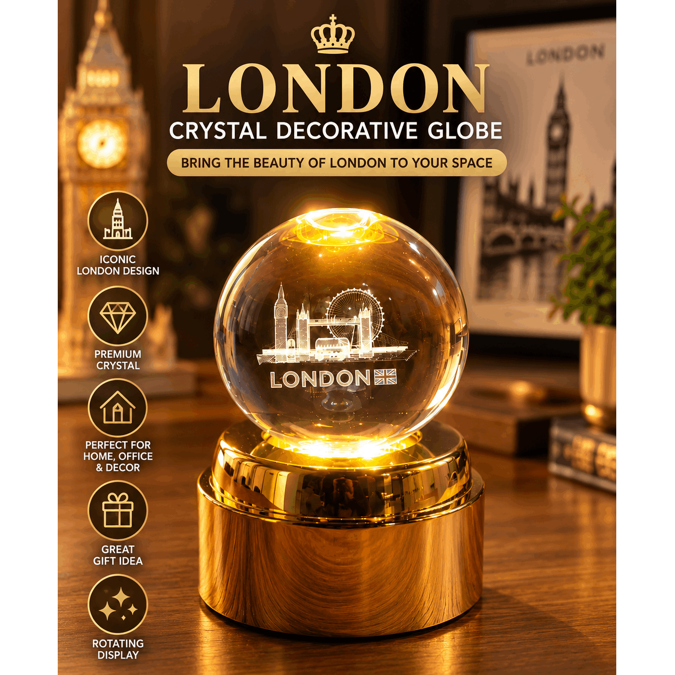 TEMU London 360° Rotating Crystal Decorative – Design With Premium Display Base