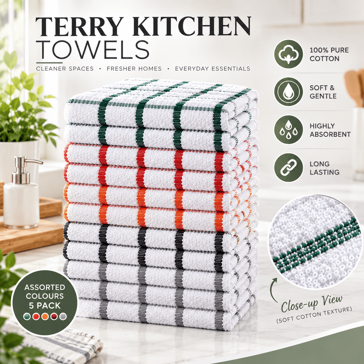 TEMU Tea Towels Large 70 X 40cm Pack Of 5 Kitchen Towels Set Cleaning Towel 100% Cotton Terry Towelling Soft Absorbent Lint Free Kitchen Cloth Dish
