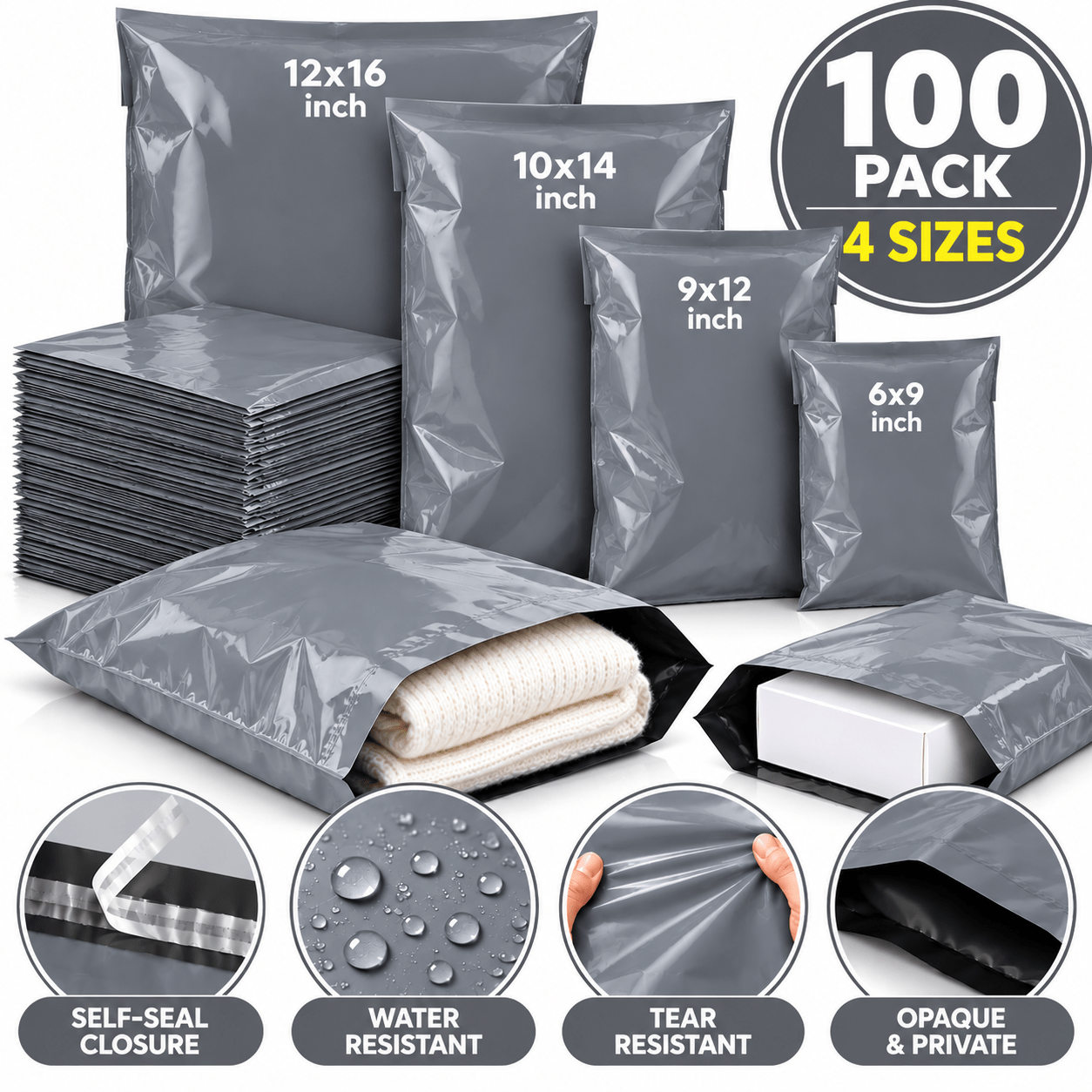 TEMU 100 Pack Grey Mailing Bags, 4 Mixed Sizes, Opaque Self Seal Poly Postage Bags, Waterproof Shipping Mailers For Clothing & Parcels